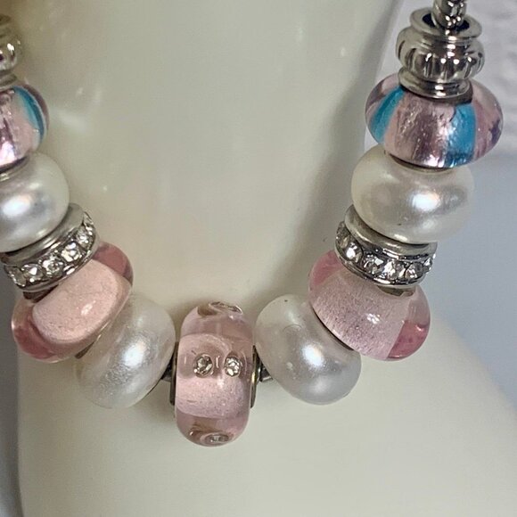 Pink Pearl Rhinestone Slide Charm Bracelet 7" - Picture 3 of 8